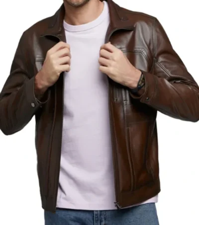 Dark Brown Leather Jacket with Chest Zipper Pocket on Sale