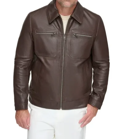 Dark Brown Leather Jacket with Multiple Pockets