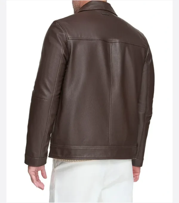Dark Brown Leather Jacket with Multiple Pockets Back Look