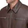 Dark Brown Leather Jacket with Multiple Pockets Front
