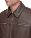 Dark Brown Leather Jacket with Multiple Pockets Front