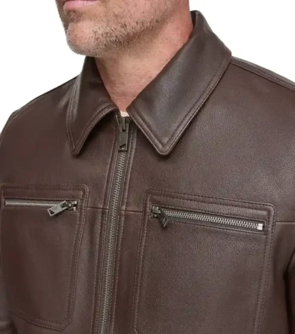 Dark Brown Leather Jacket with Multiple Pockets Front