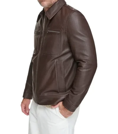 Dark Brown Leather Jacket with Multiple Pockets Side Look