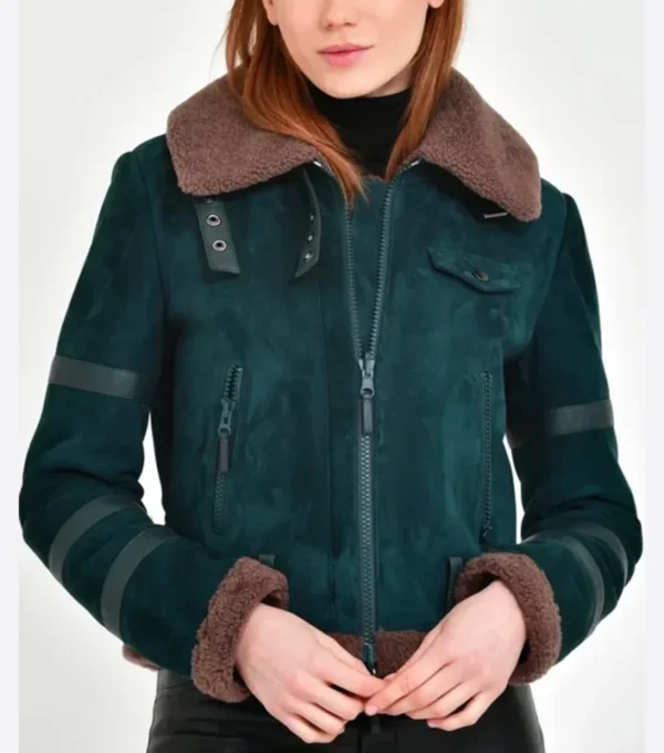 Dark Green Suede Shearling Aviator Jacket