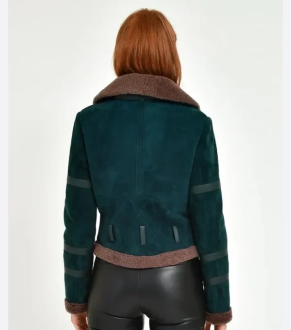 Dark Green Suede Shearling Aviator Jacket Back