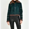 Dark Green Suede Shearling Aviator Jacket Front