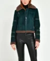 Dark Green Suede Shearling Aviator Jacket Front