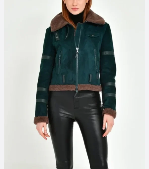 Dark Green Suede Shearling Aviator Jacket Front