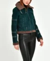 Dark Green Suede Shearling Aviator Jacket Side Look