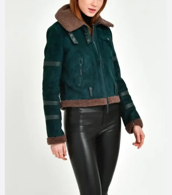 Dark Green Suede Shearling Aviator Jacket Side Look
