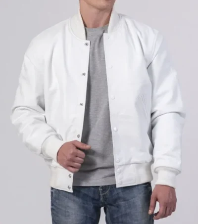 Drayven White Wool Snap Tab Varsity Jacket Front