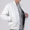 Drayven White Wool Snap Tab Varsity Jacket Side Look