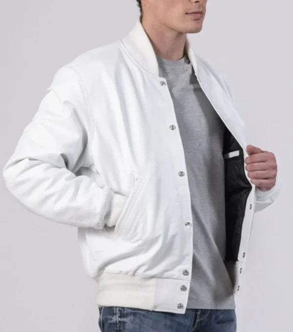 Drayven White Wool Snap Tab Varsity Jacket Side Look