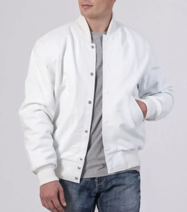 Drayven White Wool Snap Tab Varsity Jacket on Sale