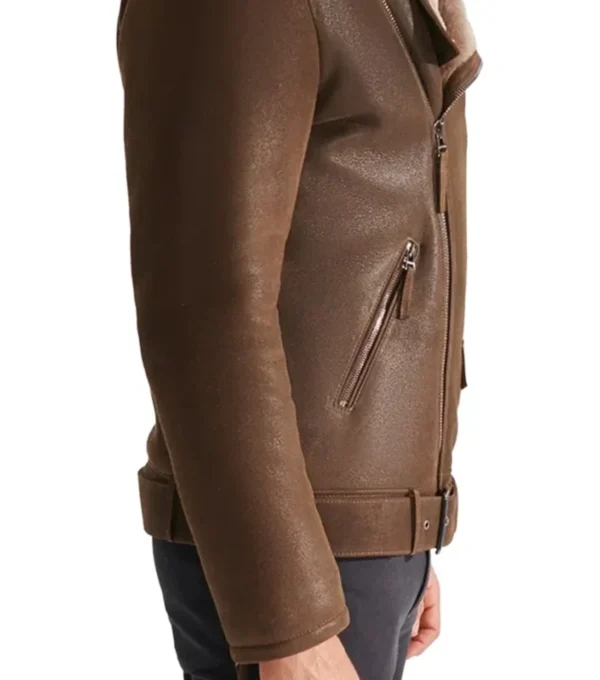 Drelmor Dark Brown Leather Biker with Fur Collar Jacket Side Look