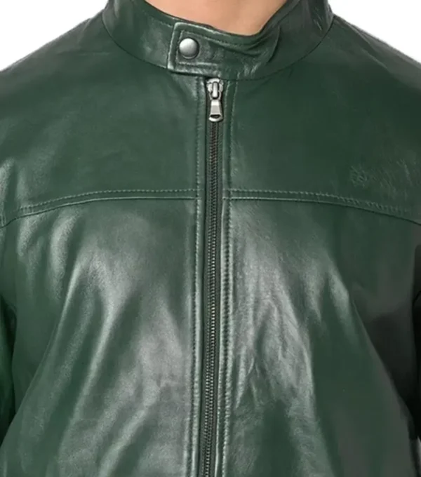 Green Cafe Racer Leather Jacket Closer