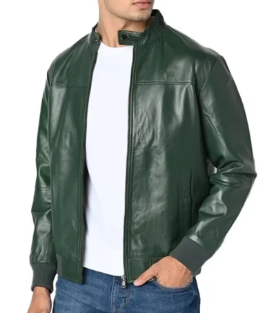 Green Cafe Racer Leather Jacket Front