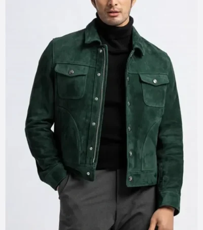Green Suede Trucker Leather Jacket