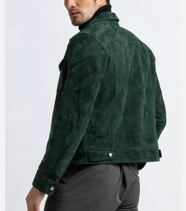 Green Suede Trucker Leather Jacket Back