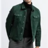 Green Suede Trucker Leather Jacket Front Look