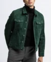 Green Suede Trucker Leather Jacket Front Look