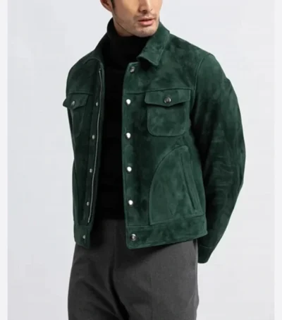 Green Suede Trucker Leather Jacket Side Look