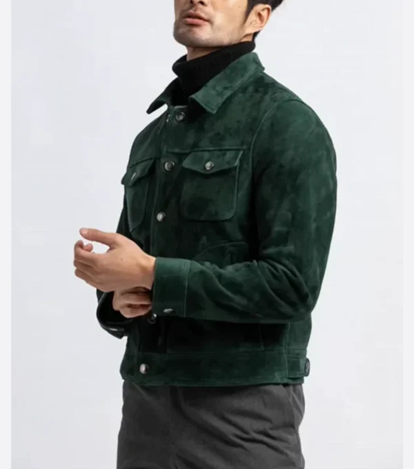 Green Suede Trucker Leather Jacket on Sale