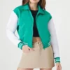 Green Wool Bomber Jacket with White Sleeves