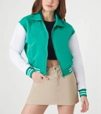Green Wool Bomber Jacket with White Sleeves