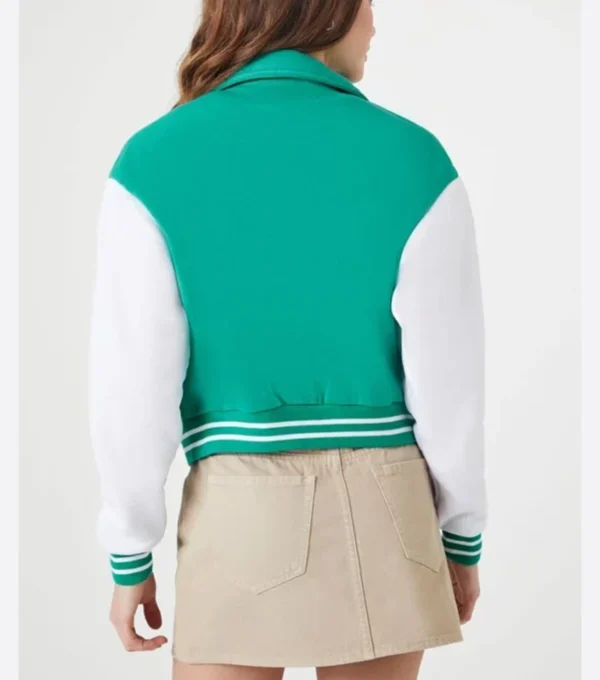Green Wool Bomber Jacket with White Sleeves Back