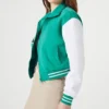Green Wool Bomber Jacket with White Sleeves Side Look