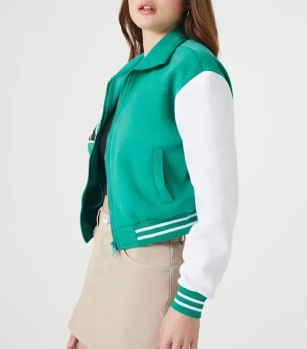 Green Wool Bomber Jacket with White Sleeves Side Look
