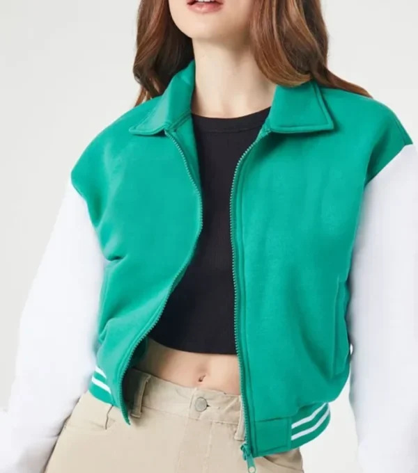 Green Wool Bomber Jacket with White Sleeves on Sale