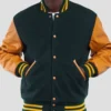 Green Wool Varsity Jacket with Gold Sleeves