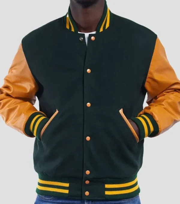 Green Wool Varsity Jacket with Gold Sleeves
