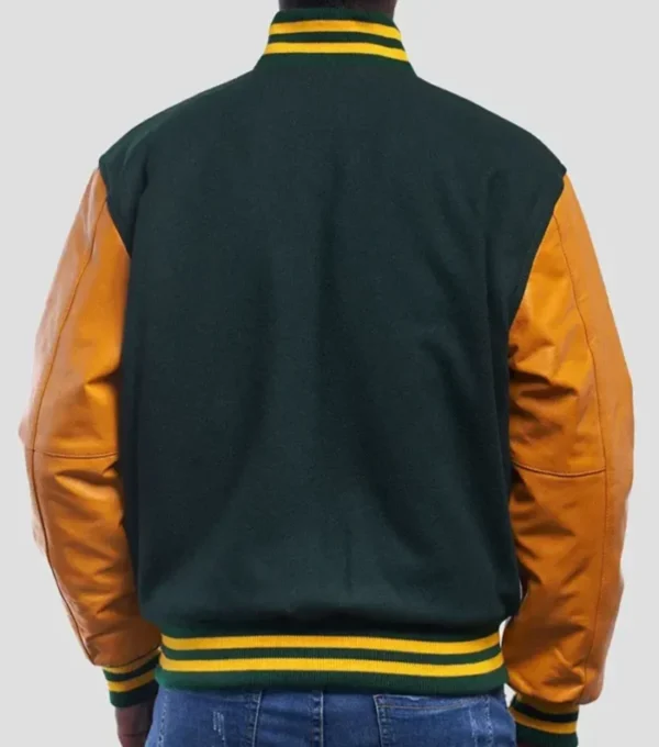 Green Wool Varsity Jacket with Gold Sleeves Back