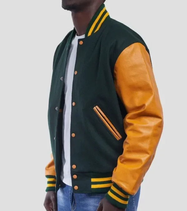 Green Wool Varsity Jacket with Gold Sleeves Side Look