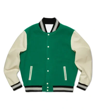Green Wool Varsity Jacket with White Sleeves