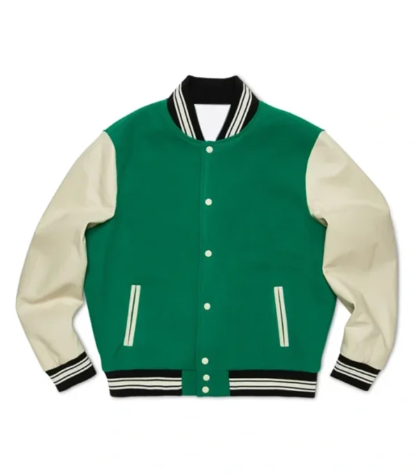 Green Wool Varsity Jacket with White Sleeves