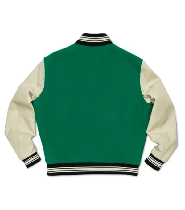 Green Wool Varsity Jacket with White Sleeves Back