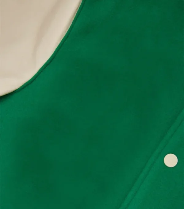 Green Wool Varsity Jacket with White Sleeves Closer