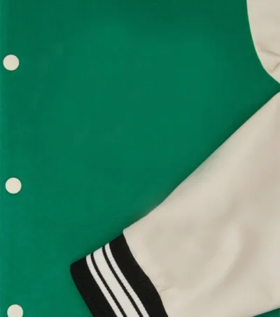 Green Wool Varsity Jacket with White Sleeves Look