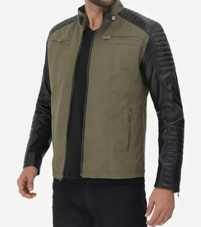 Green and Black Quilted Cafe Racer Jacket for Men