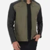 Green and Black Quilted Cafe Racer Jacket for Men Front