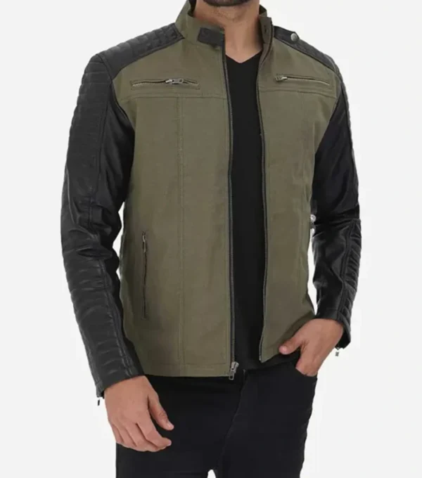 Green and Black Quilted Cafe Racer Jacket for Men Front