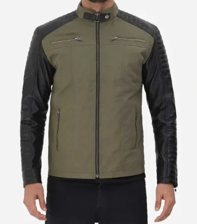 Green and Black Quilted Cafe Racer Jacket for Men on Sale
