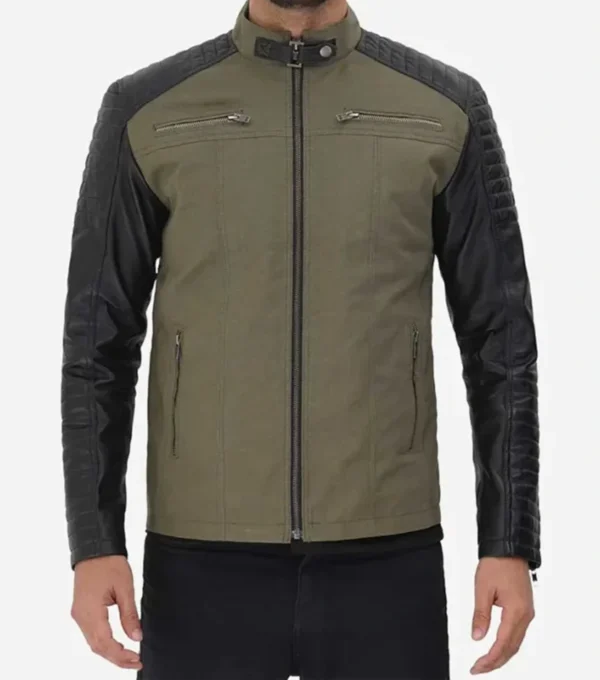 Green and Black Quilted Cafe Racer Jacket for Men on Sale