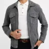 Grey Suede Leather Trucker Jacket with Front Zipper