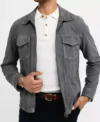 Grey Suede Leather Trucker Jacket with Front Zipper