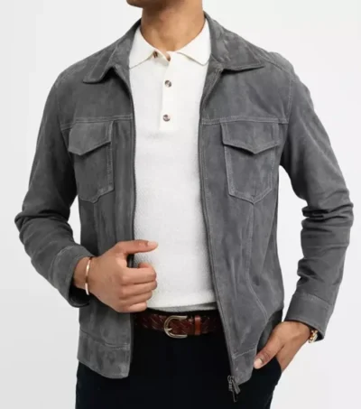 Grey Suede Leather Trucker Jacket with Front Zipper